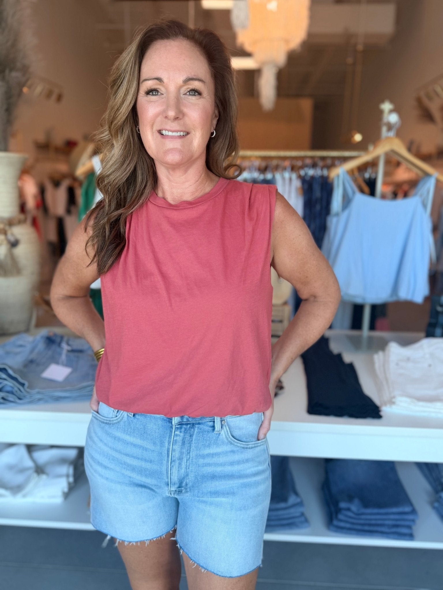 Bobi Los Angeles Sleeveless Bubble Hem Tee Red Rock - Fleur-De-Lis Boutique