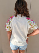 THML Beige Embroidered Bubble Sleeve Top - Fleur - De - Lis Boutique