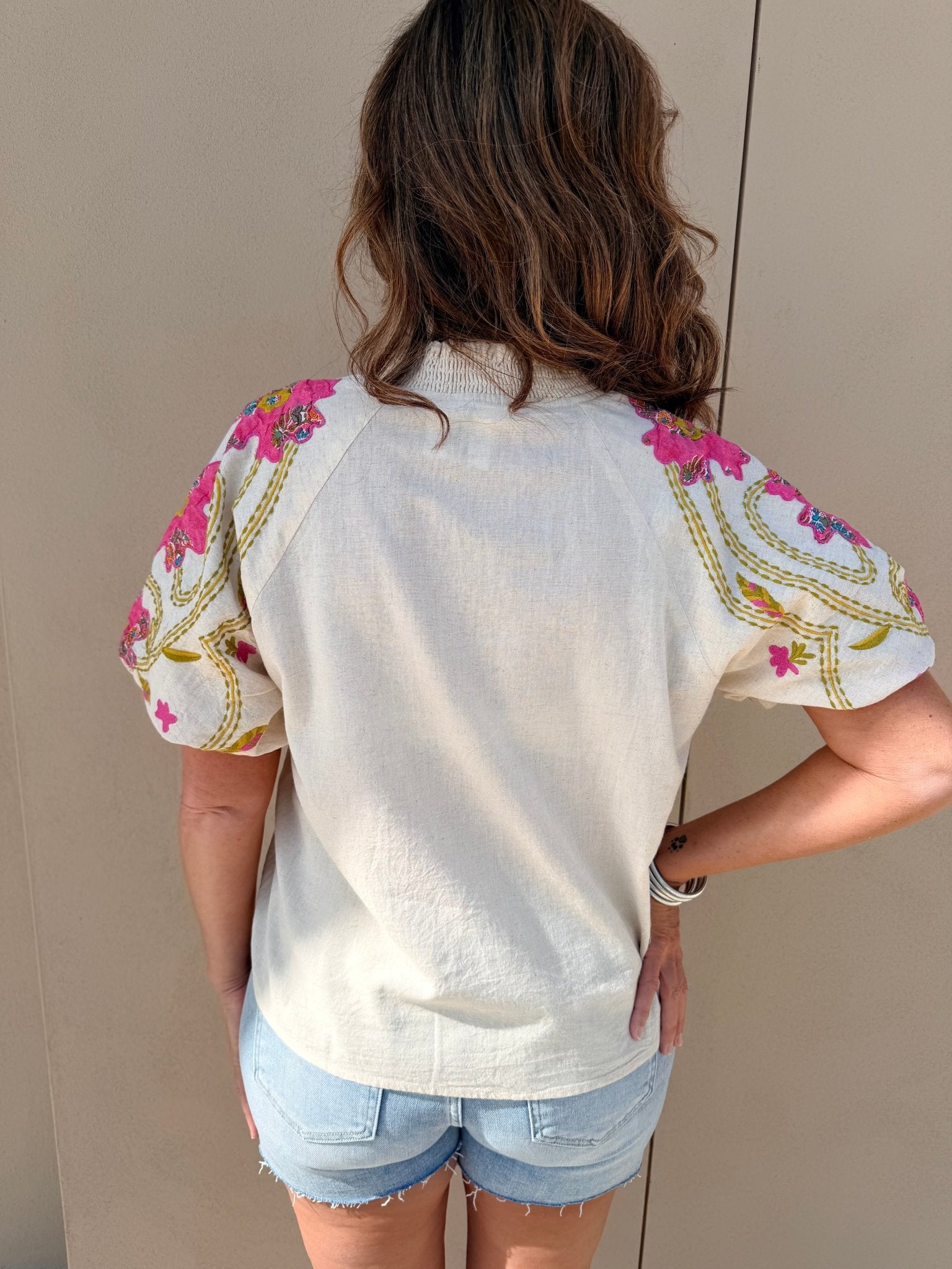 THML Beige Embroidered Bubble Sleeve Top - Fleur - De - Lis Boutique