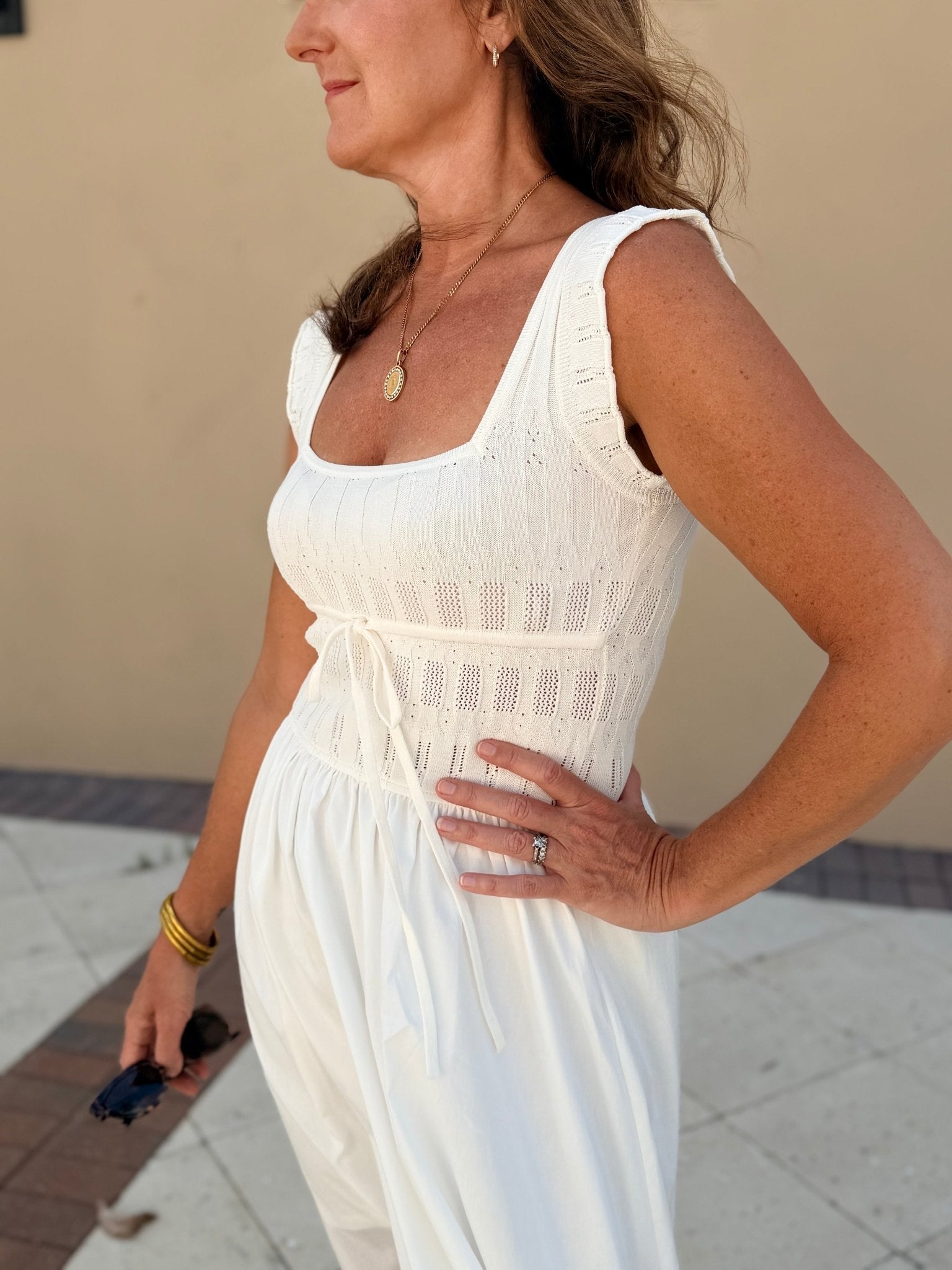 Moon River Square Neck Ivory Midi Dress - Fleur - De - Lis Boutique