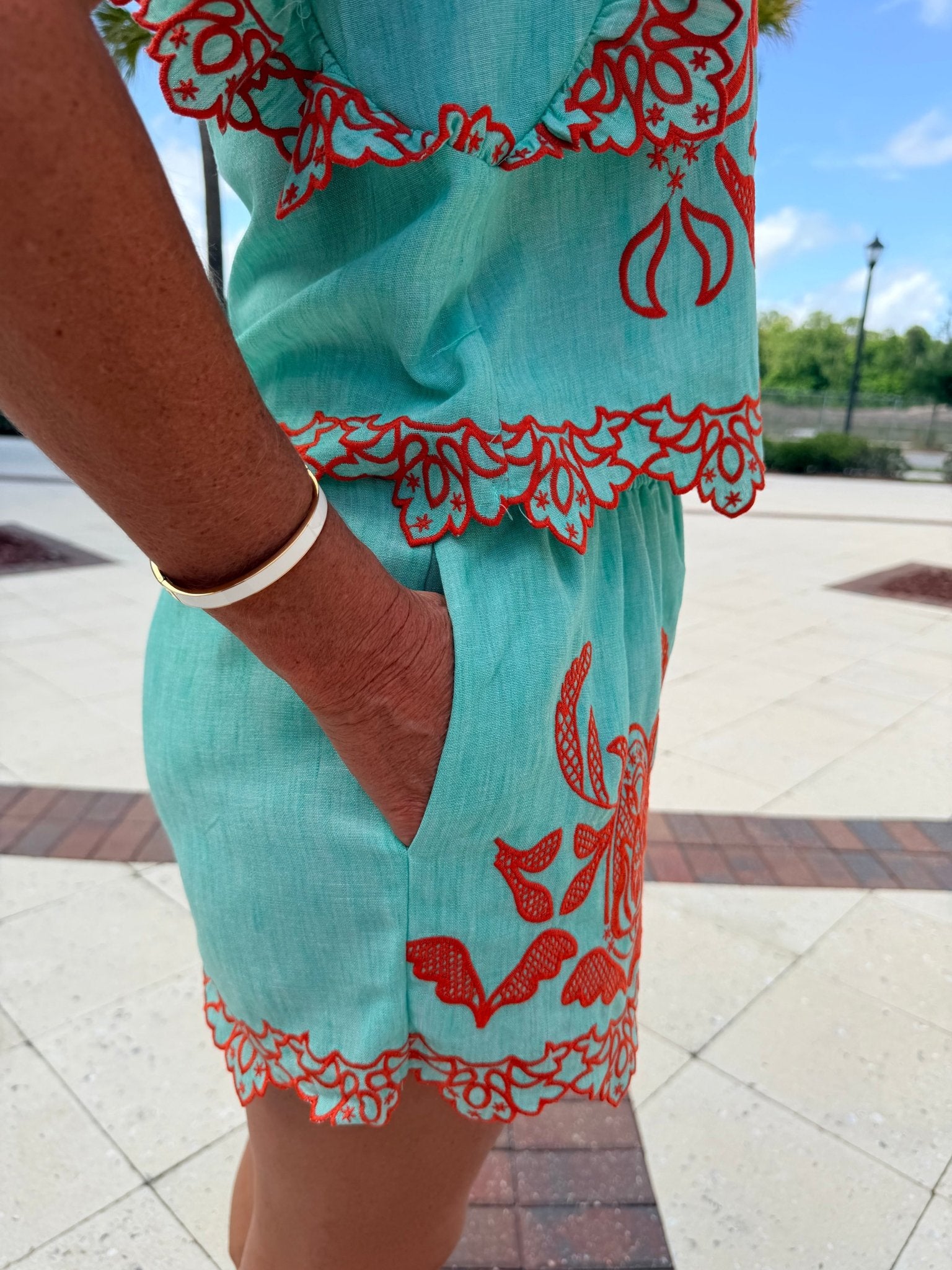 THML Embroidery Detail Shorts Turquoise and Orange - Fleur - De - Lis Boutique