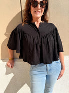 Bobi Los Angeles V Yoke Henley Blouse Black - Fleur - De - Lis Boutique