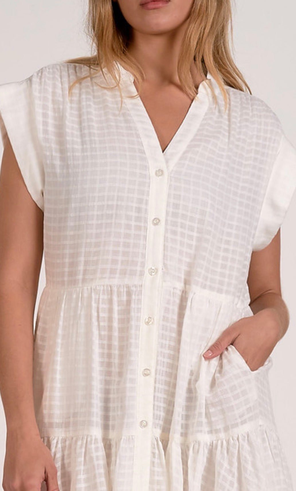 Elan Off White Windowpane Short Sleeve Mini Dress - Fleur - De - Lis Boutique