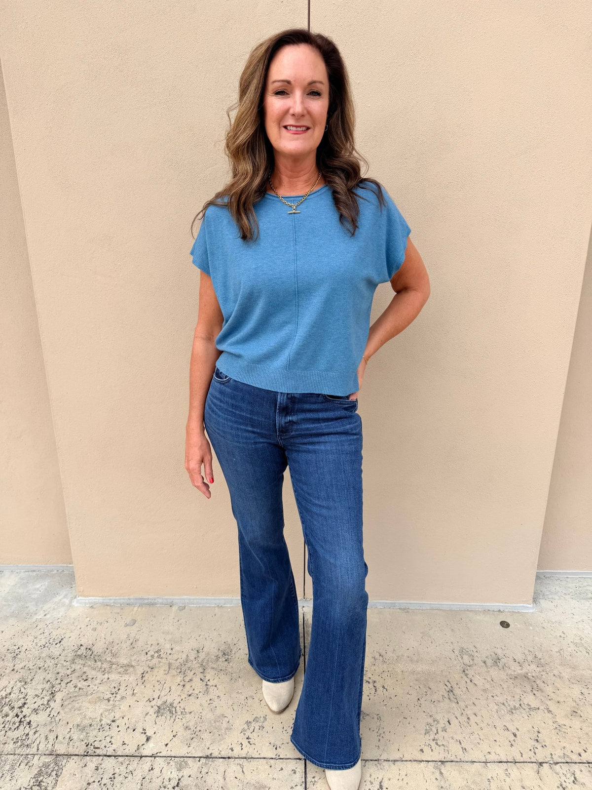 KDL Scoop Neck Short Sleeve Sweater Denim - Fleur-De-Lis Boutique
