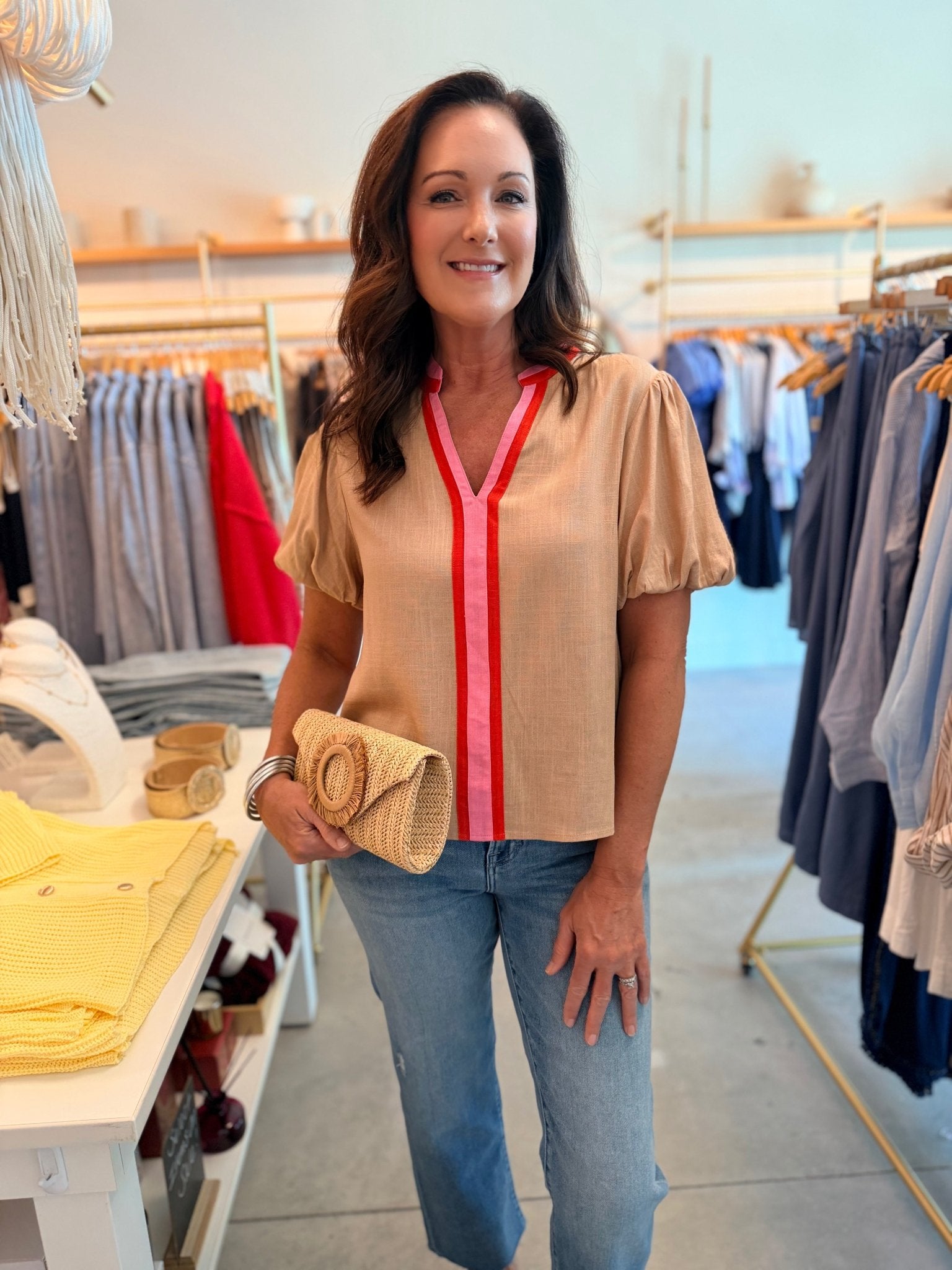 THML Puff Sleeve Stripe Detail V Neck Top - Fleur - De - Lis Boutique