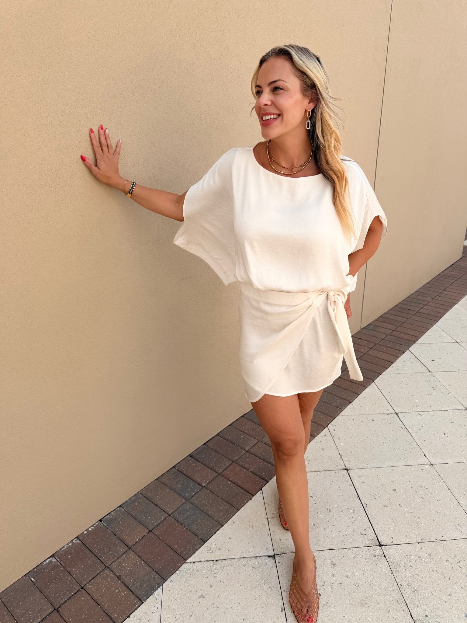 Ivory Dress with Drape Sleeve - Fleur-De-Lis Boutique