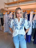 THML Puff Sleeve Embroidery Top White - Fleur - De - Lis Boutique
