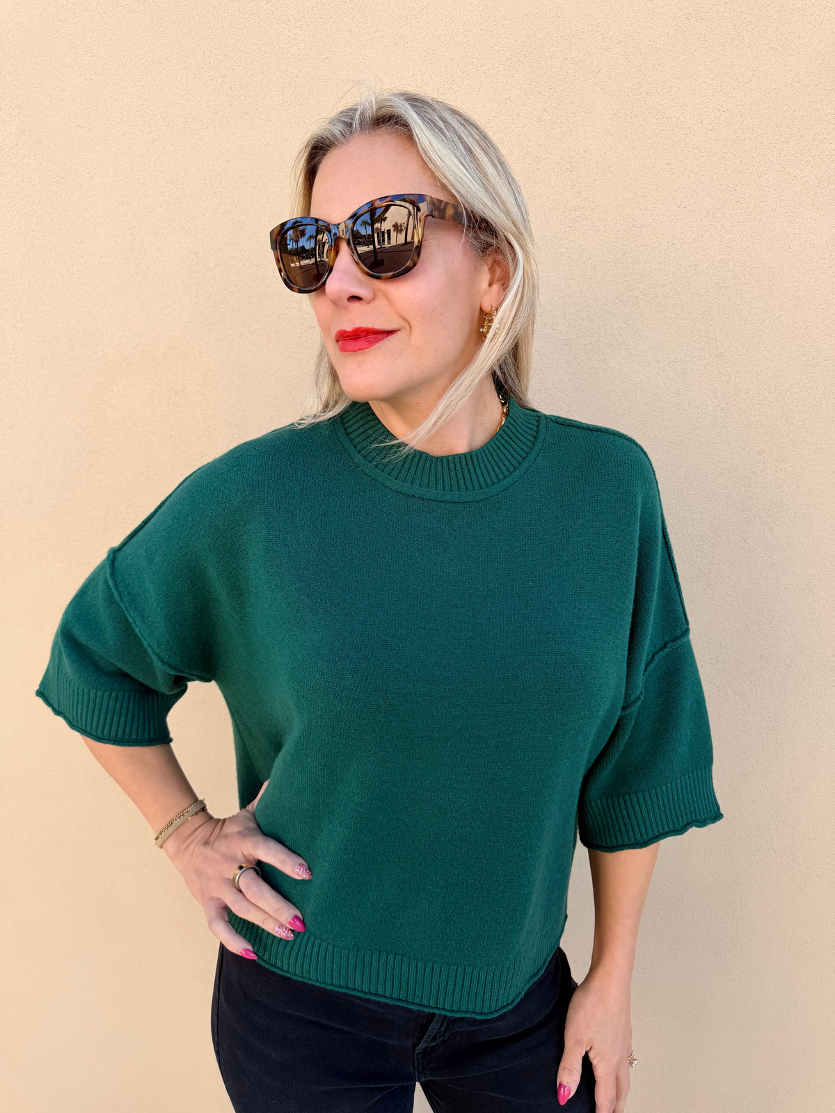 Pinch Soft Short Sleeve Sweater Deep Green - Fleur-De-Lis Boutique