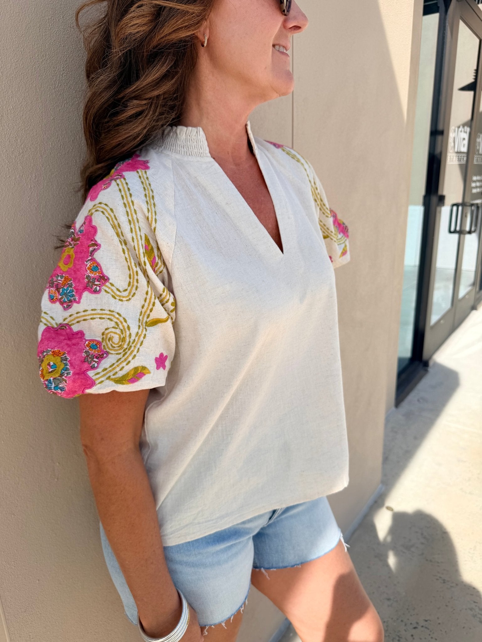 THML Beige Embroidered Bubble Sleeve Top - Fleur - De - Lis Boutique