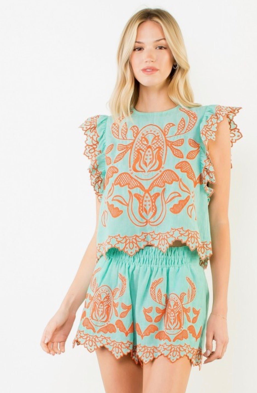 THML Embroidered Flutter Sleeve Top Turquoise and Orange - Fleur - De - Lis Boutique