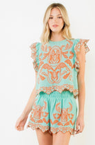 THML Embroidered Flutter Sleeve Top Turquoise and Orange - Fleur - De - Lis Boutique