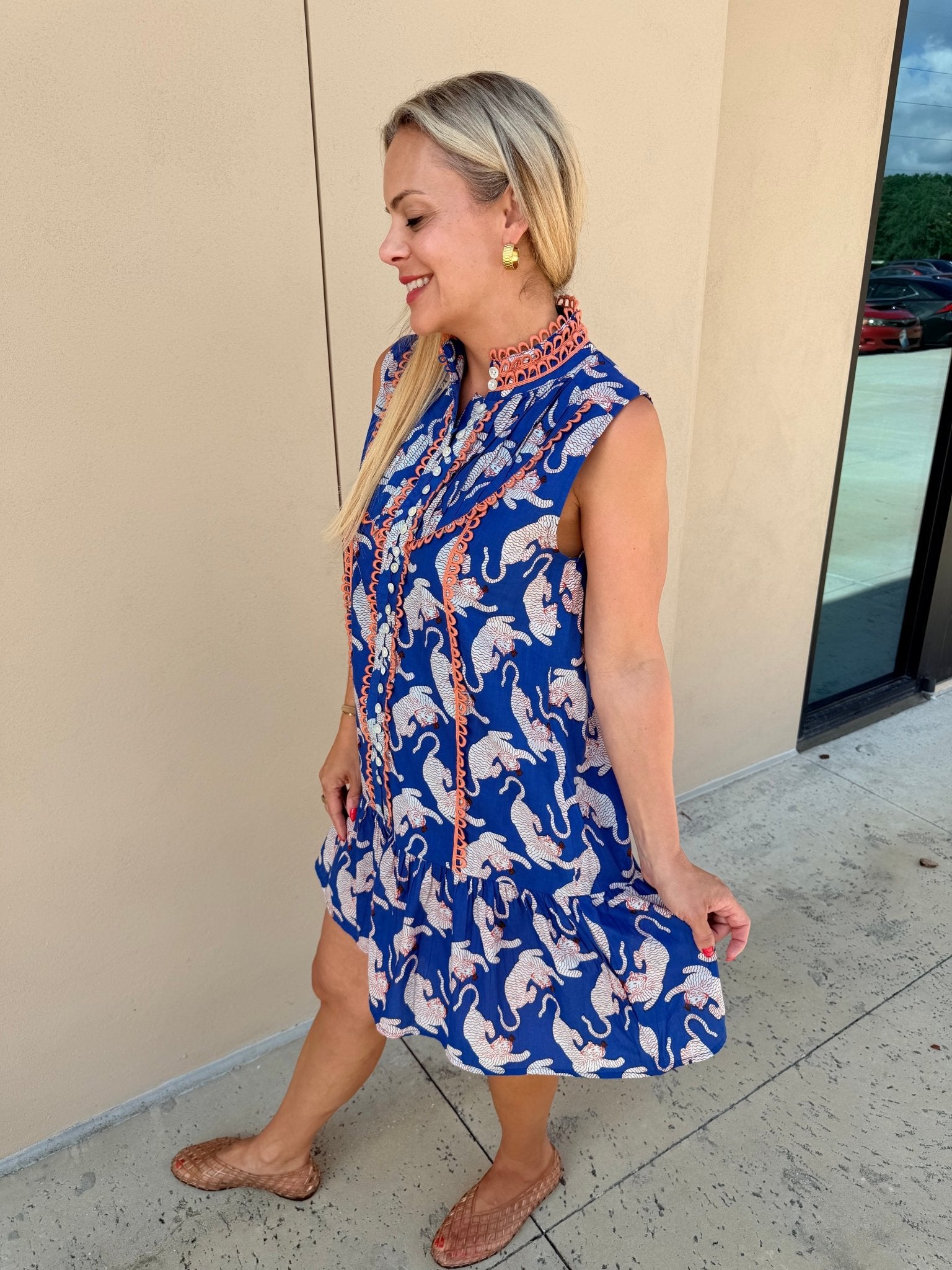 THML Sleeveless Tiger Pattern Button Down Dress - Fleur-De-Lis Boutique