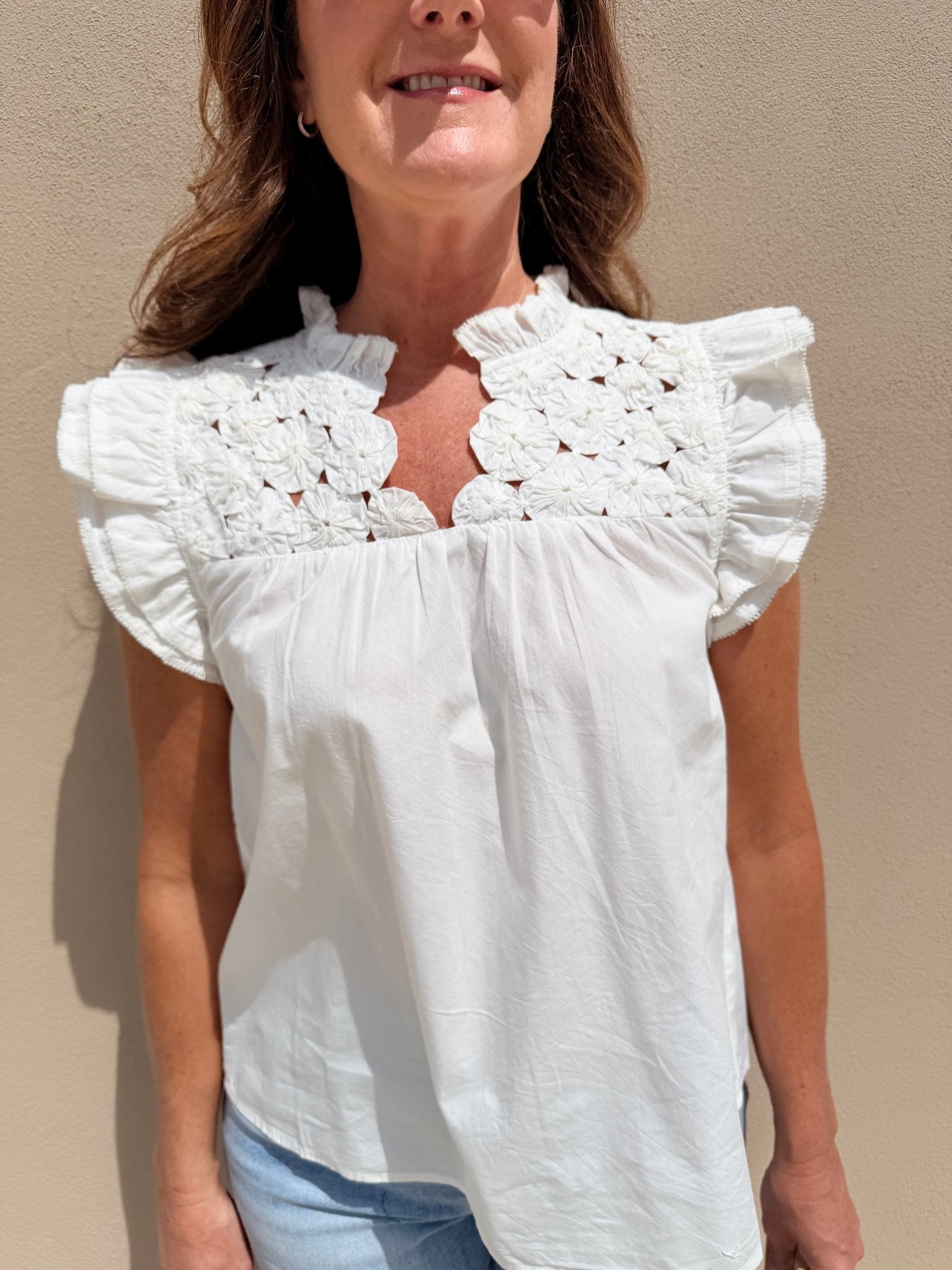 THML Flutter Sleeve Top Embellished Yoke White - Fleur - De - Lis Boutique