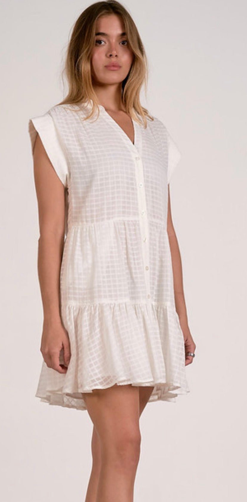 Elan Off White Windowpane Short Sleeve Mini Dress - Fleur - De - Lis Boutique