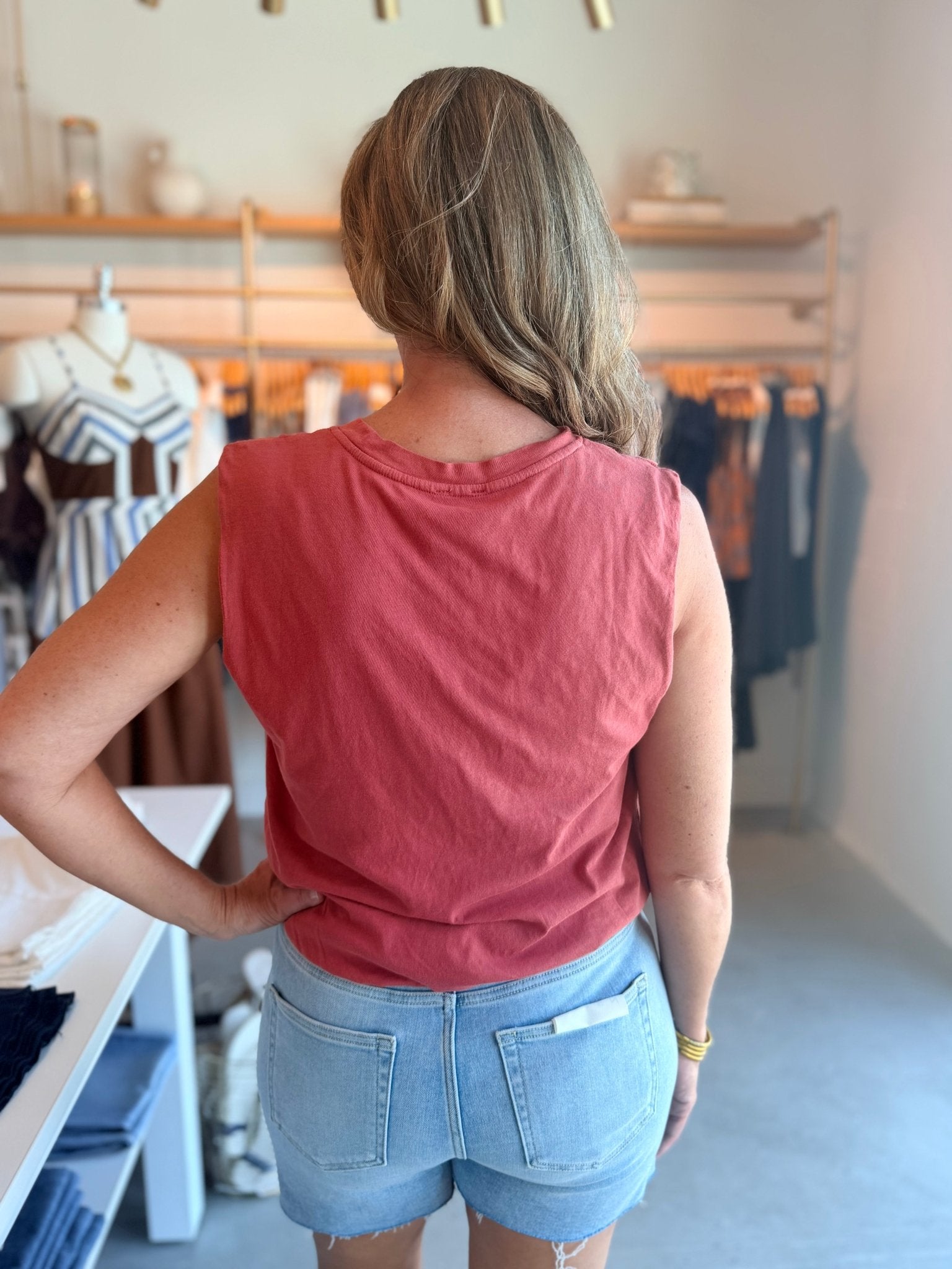 Bobi Los Angeles Sleeveless Bubble Hem Tee Red Rock - Fleur-De-Lis Boutique