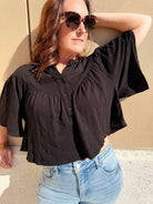 Bobi Los Angeles V Yoke Henley Blouse Black - Fleur - De - Lis Boutique