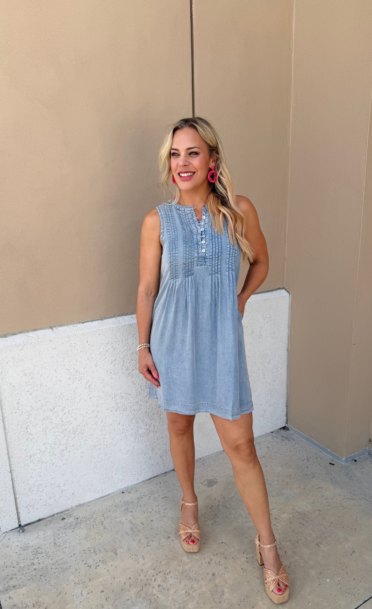 THML Sleeveless Chambray Mini Dress - Fleur - De - Lis Boutique