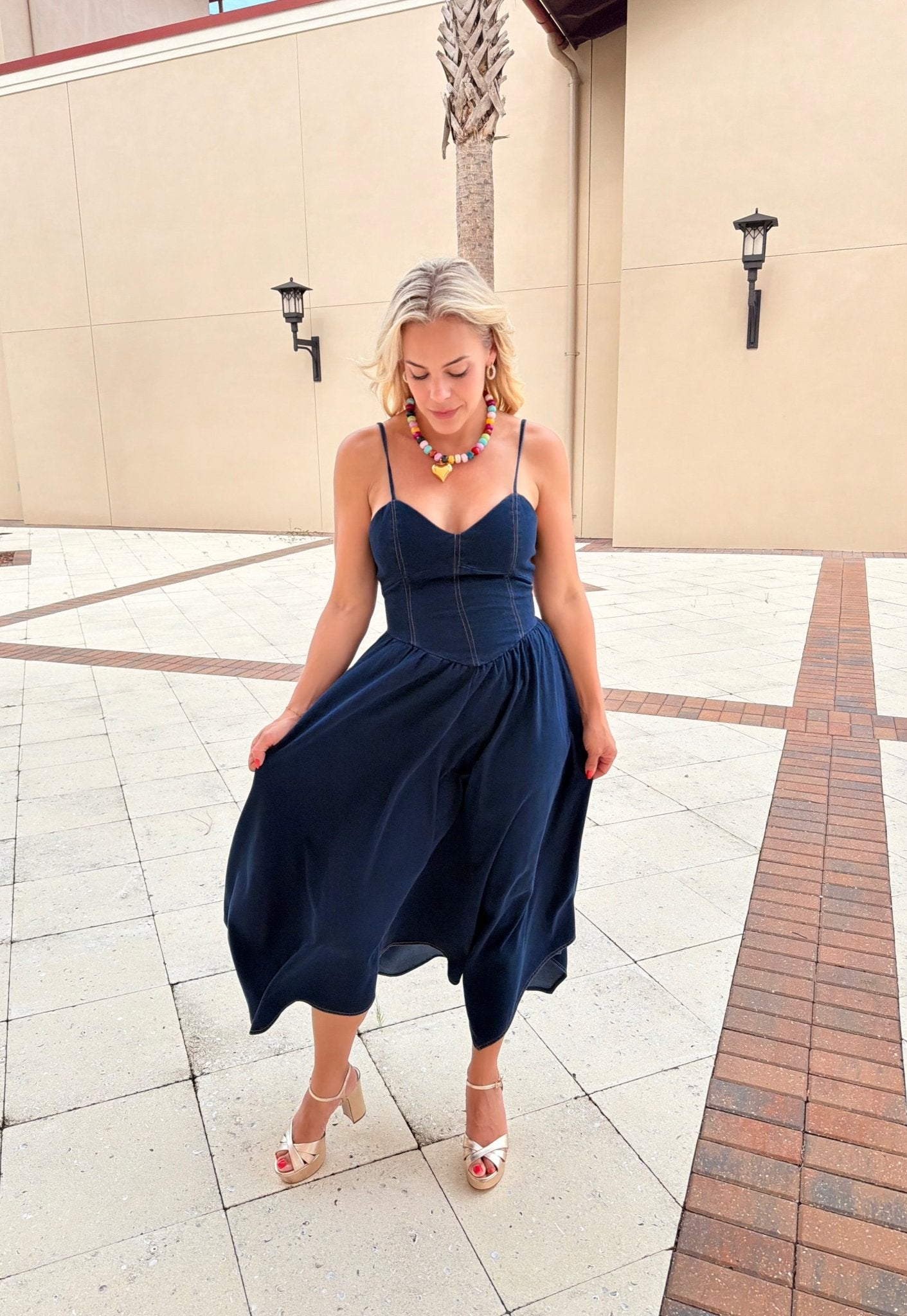 Moon River Hankerchief Hem Denim Midi Dress - Fleur-De-Lis Boutique
