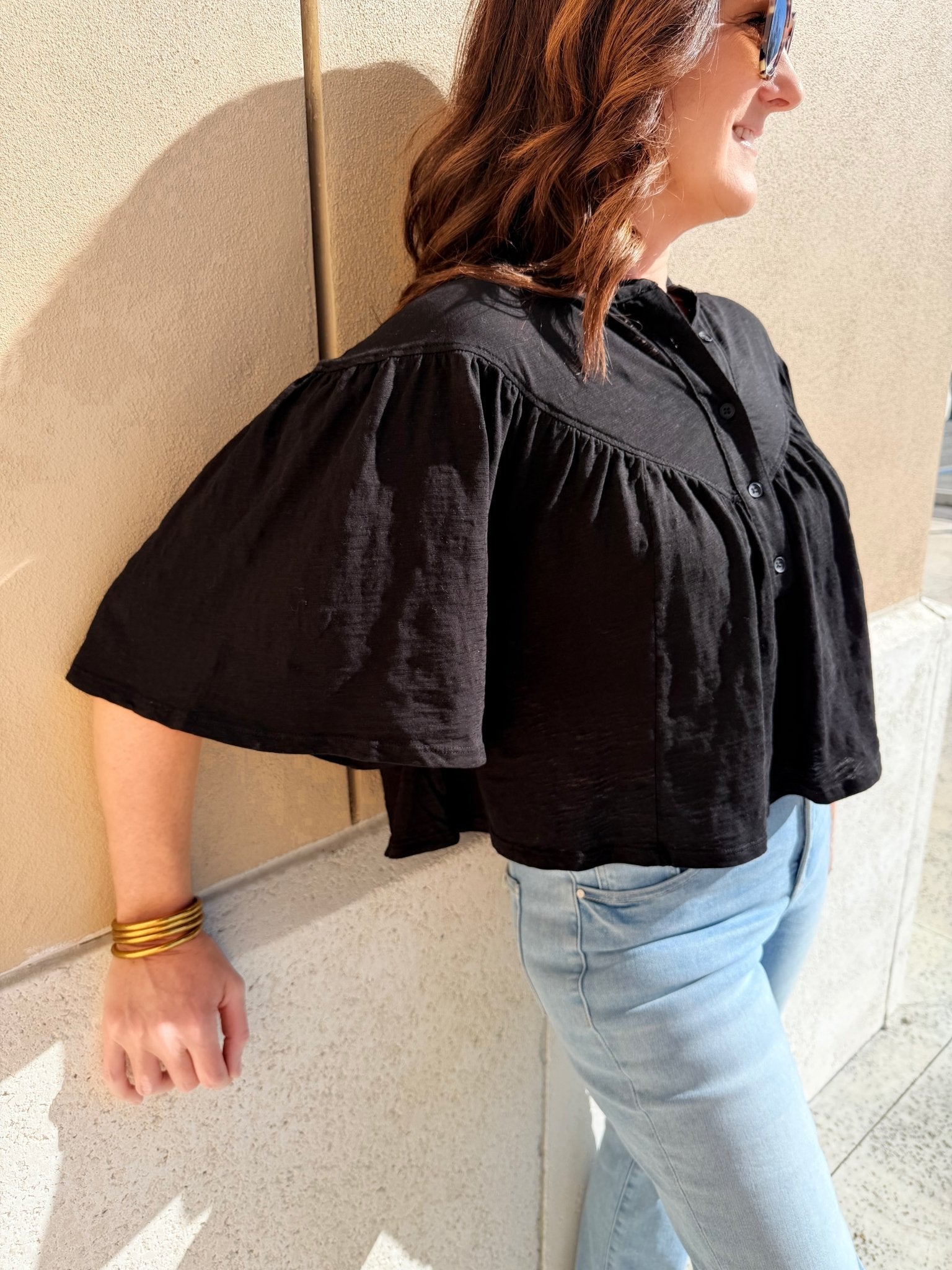 Bobi Los Angeles V Yoke Henley Blouse Black - Fleur - De - Lis Boutique