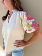 THML Beige Embroidered Bubble Sleeve Top - Fleur - De - Lis Boutique