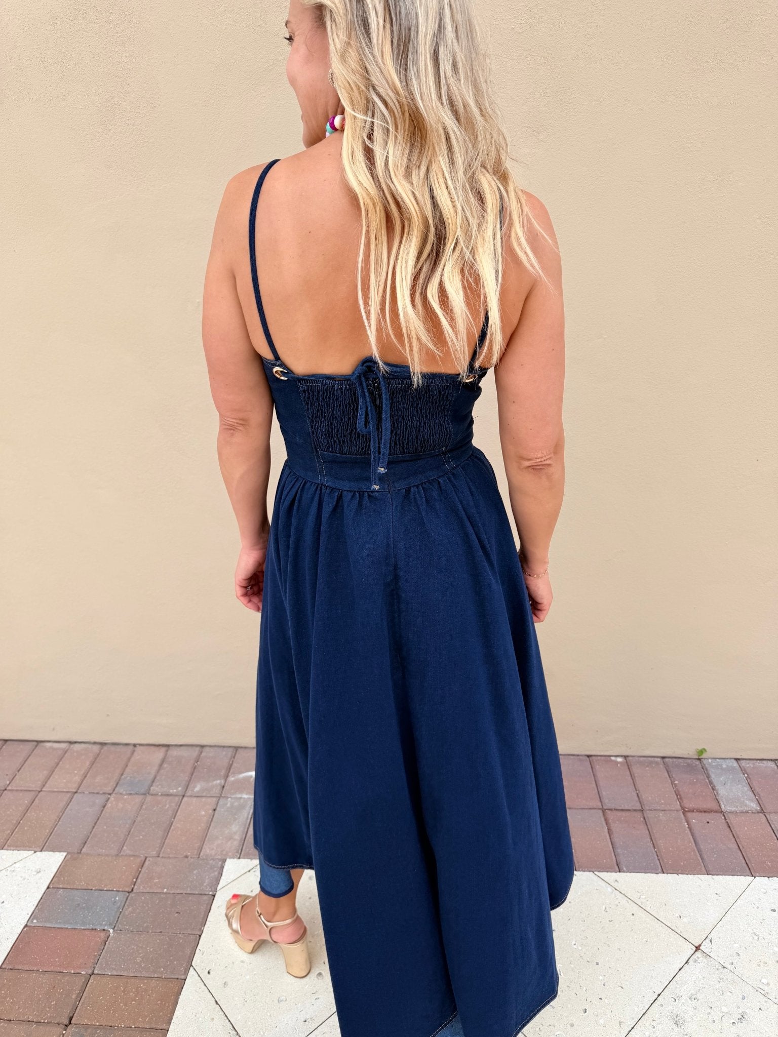 Moon River Hankerchief Hem Denim Midi Dress - Fleur-De-Lis Boutique
