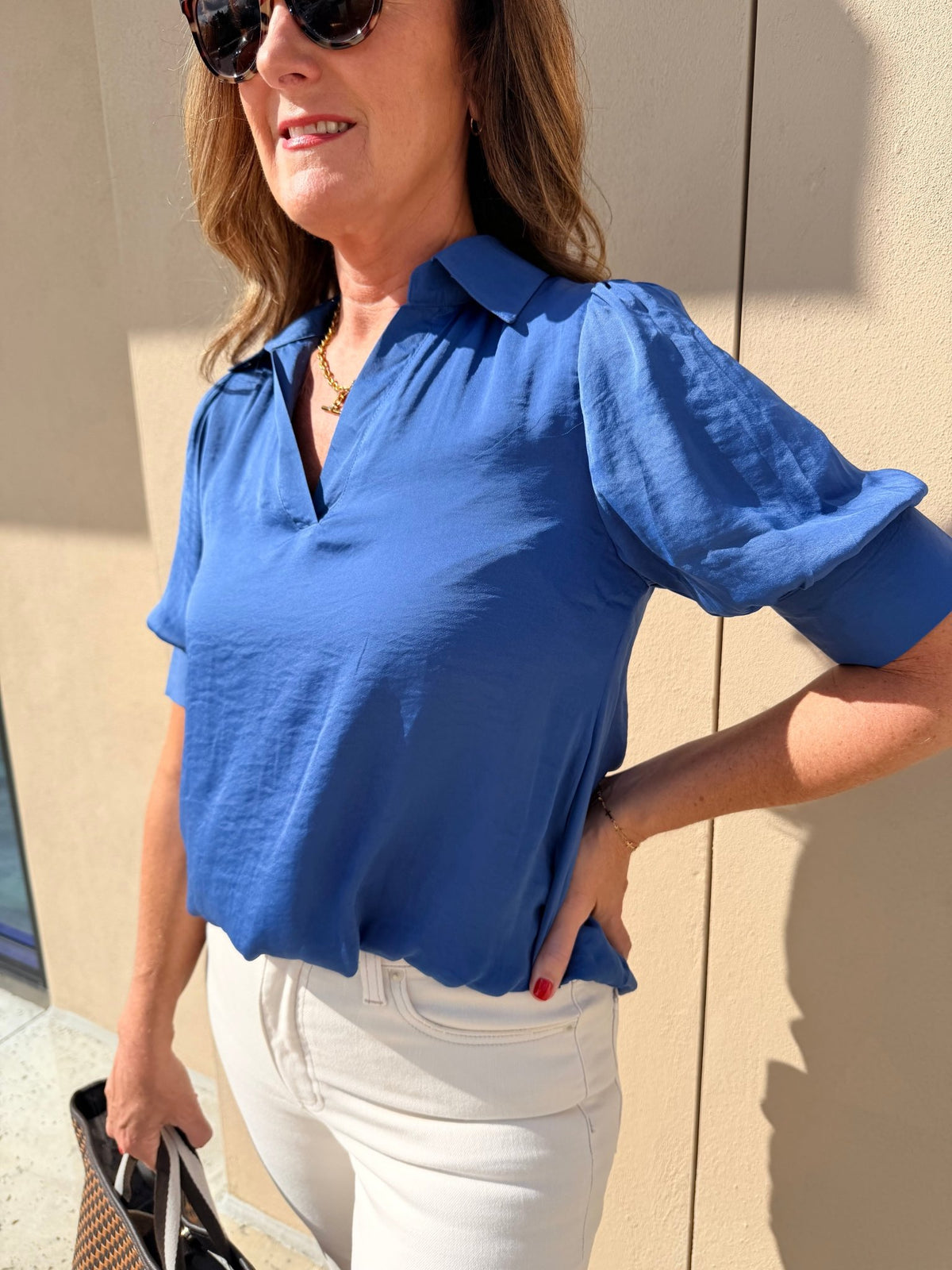 The Luxe Blouson Blouse- Clearwater blue - Fleur-De-Lis Boutique