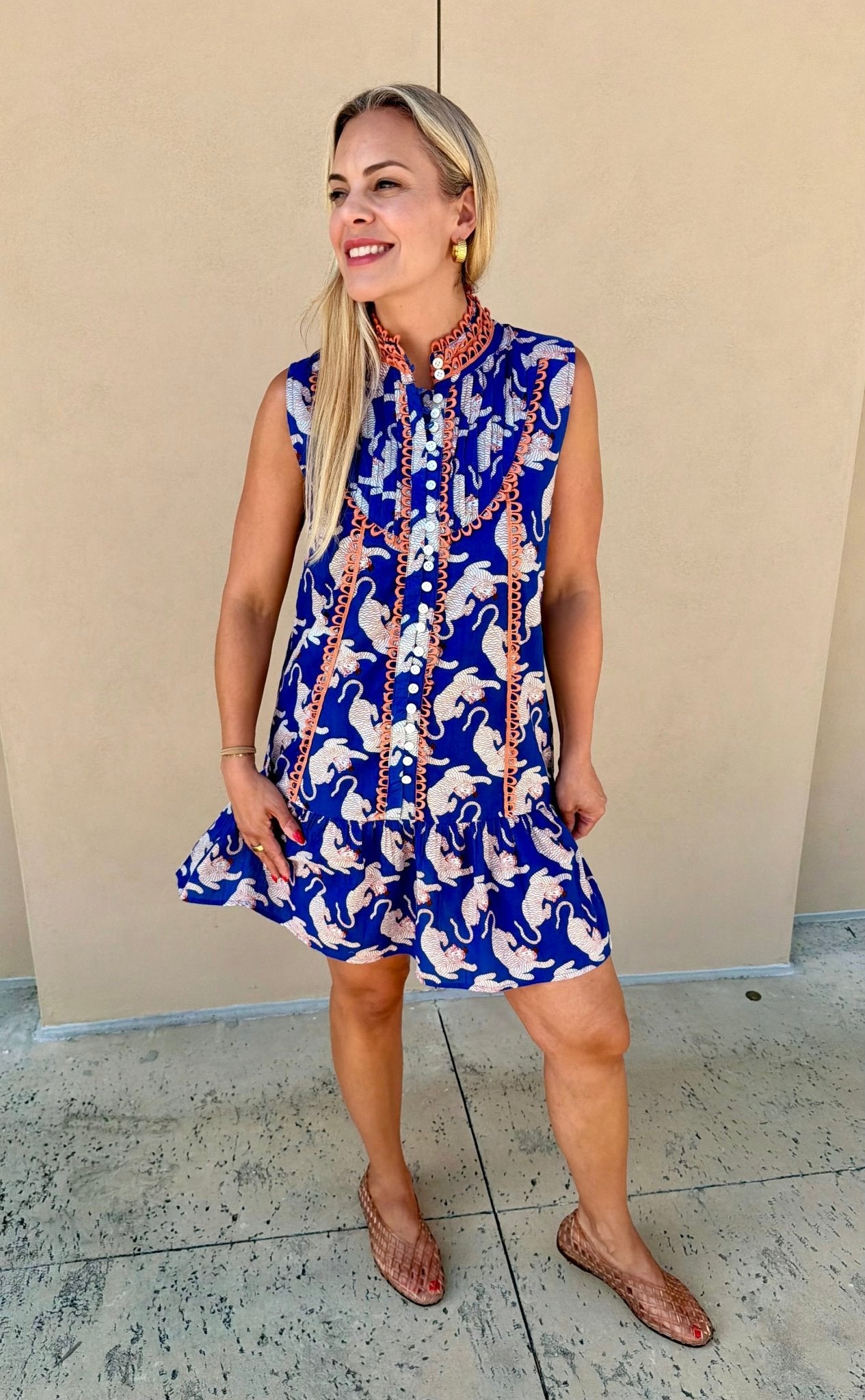 THML Sleeveless Tiger Pattern Button Down Dress - Fleur-De-Lis Boutique