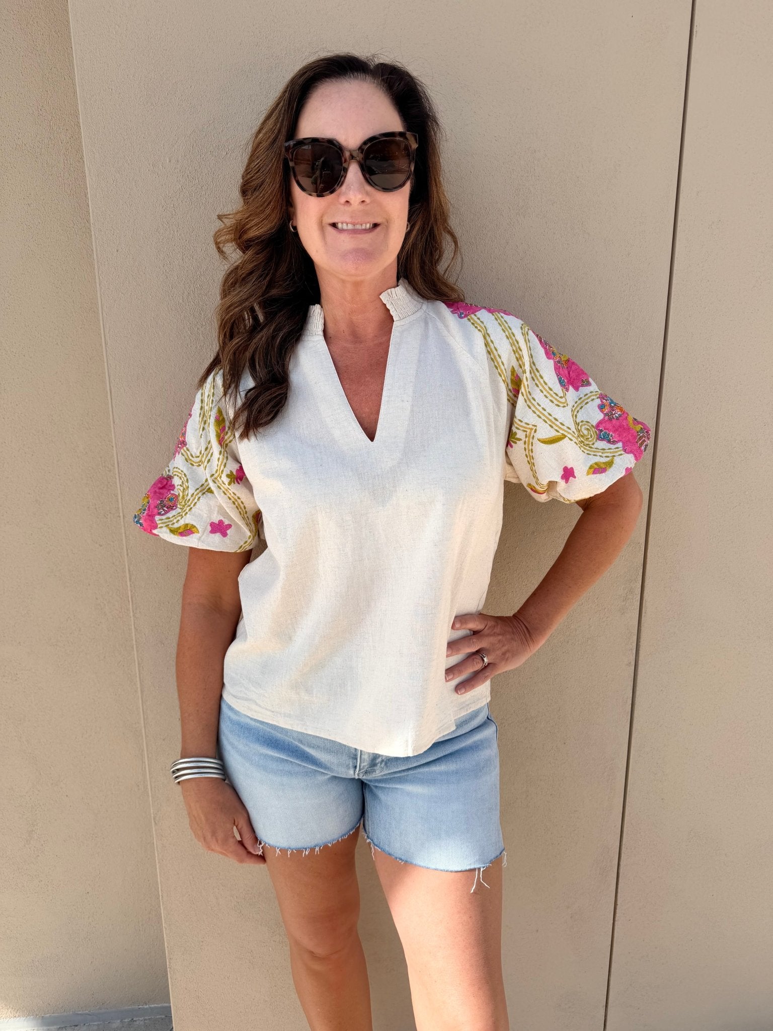 THML Beige Embroidered Bubble Sleeve Top - Fleur - De - Lis Boutique