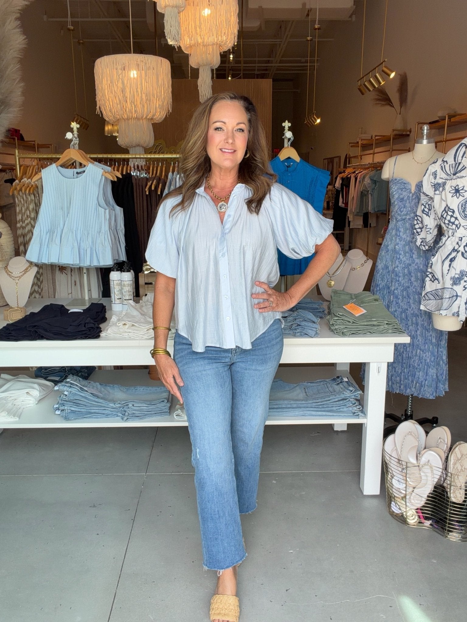 Bishop & Young Anise Bubble Sleeve Top Azure - Fleur - De - Lis Boutique