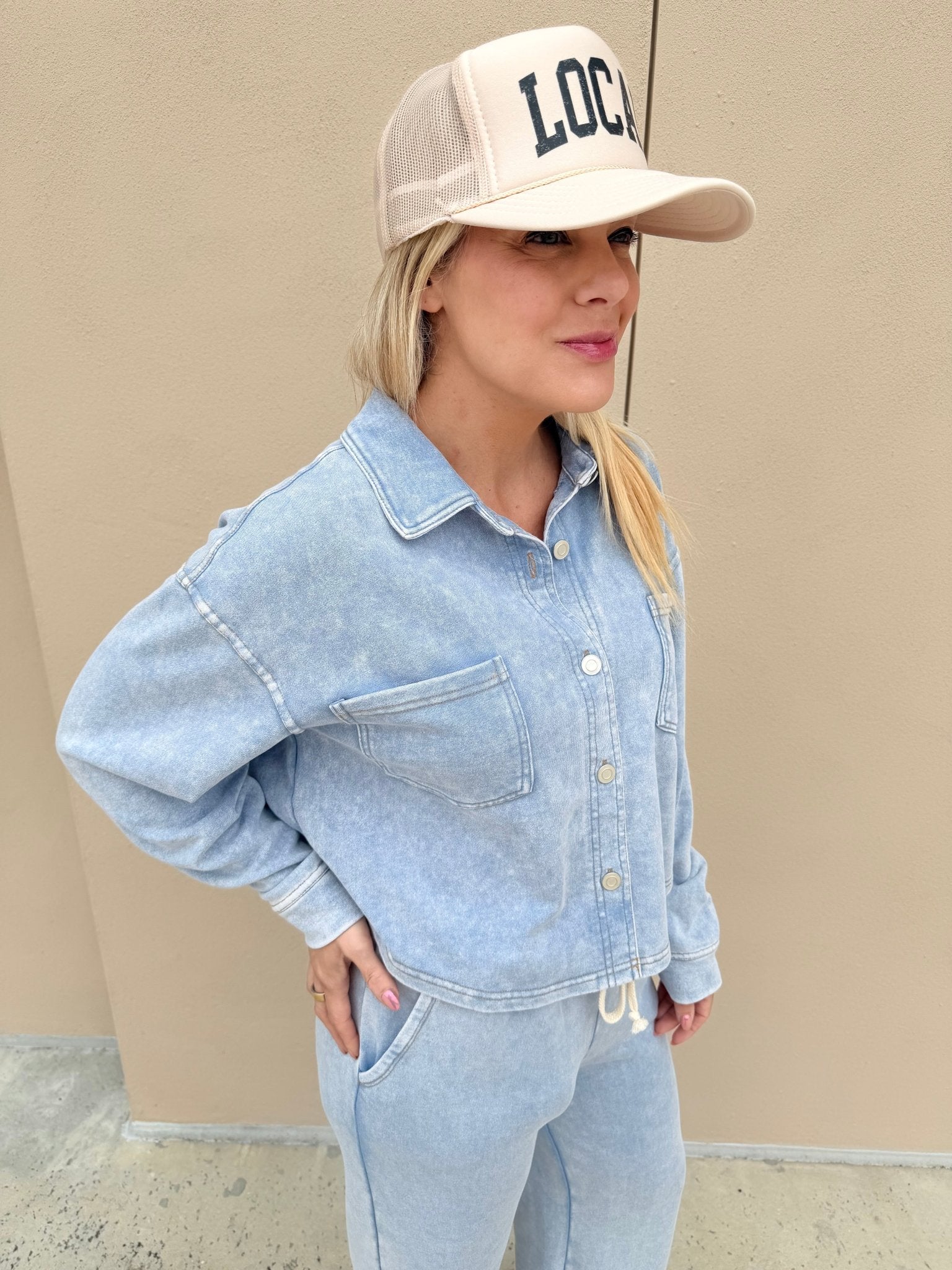 Dex Cropped Knit Overshirt Washed Light Blue - Fleur - De - Lis Boutique