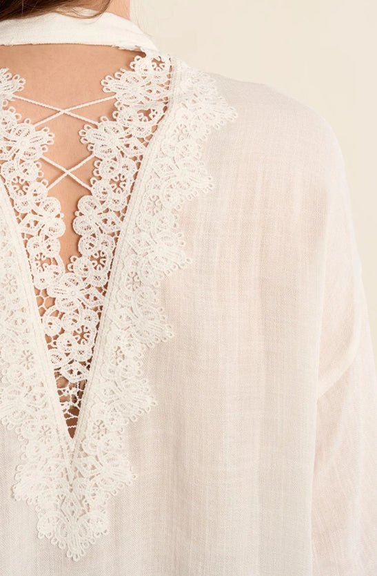 Long Sleeve White Woven Top Lace Detail - Fleur - De - Lis Boutique