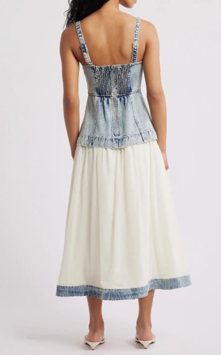 Mixed Media Washed Denim Sleeveless Midi - Fleur - De - Lis Boutique