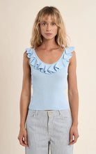 Molly Bracken Round Neck Tank Top with Ruffles Blue - Fleur - De - Lis Boutique