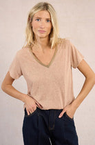 Beige Knitted Gold V Tee - Fleur - De - Lis Boutique