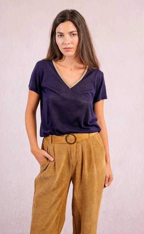 Navy Knitted Gold V Tee - Fleur - De - Lis Boutique