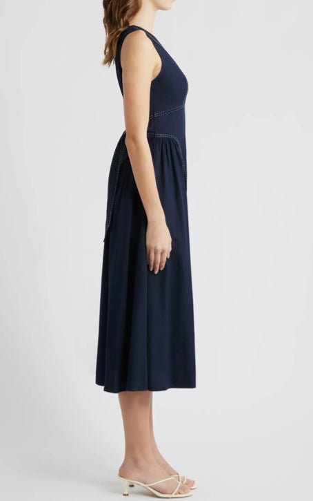 Moon River Tie Back Contrast Stitch Midi Dress - Fleur - De - Lis Boutique
