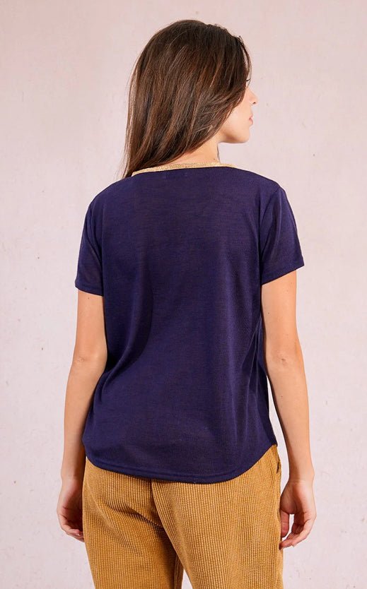 Navy Knitted Gold V Tee - Fleur - De - Lis Boutique