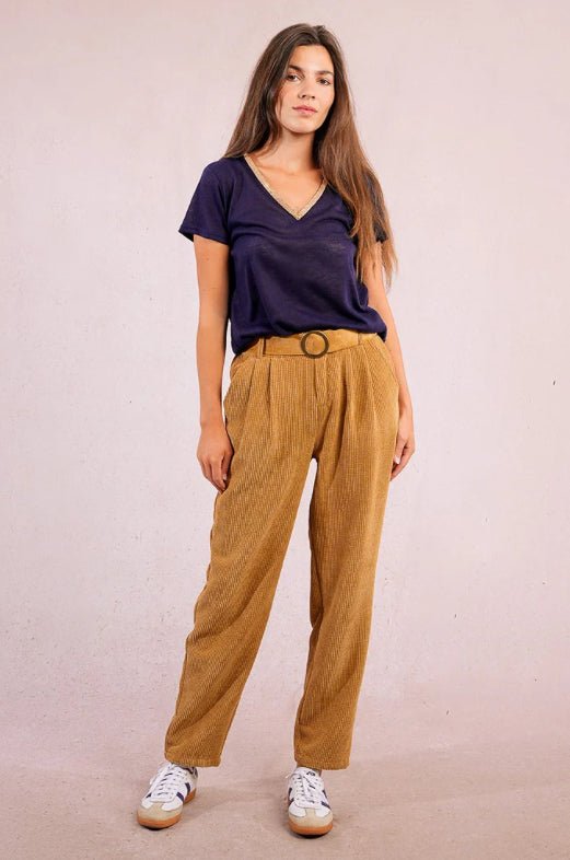Navy Knitted Gold V Tee - Fleur - De - Lis Boutique