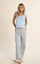 Molly Bracken Round Neck Tank Top with Ruffles Blue - Fleur - De - Lis Boutique