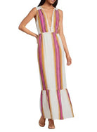 Elan Stripe Deep V Sleeveless Tie Back Ruffle Hem Dress - Fleur - De - Lis Boutique