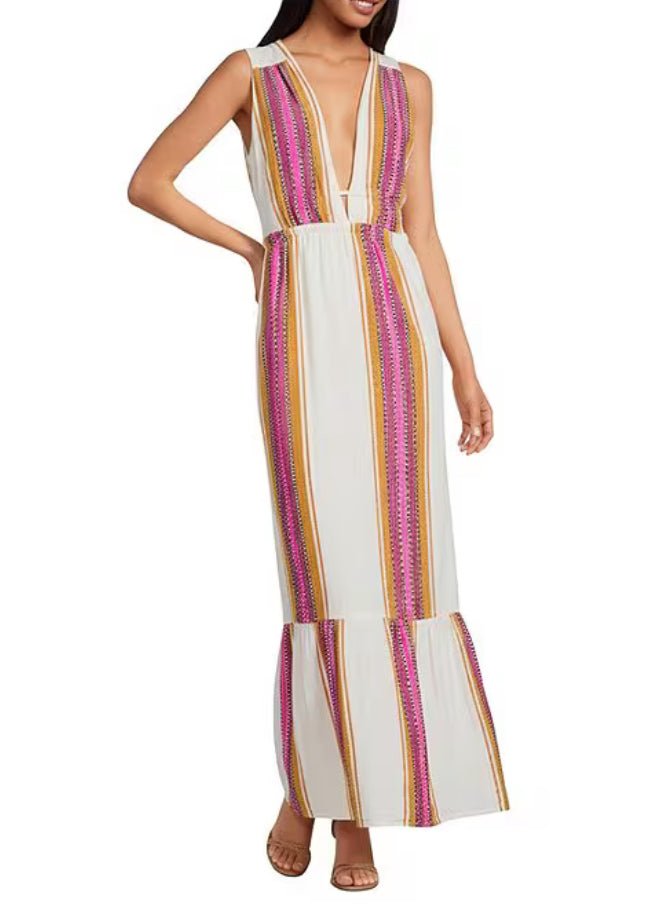Elan Stripe Deep V Sleeveless Tie Back Ruffle Hem Dress - Fleur - De - Lis Boutique