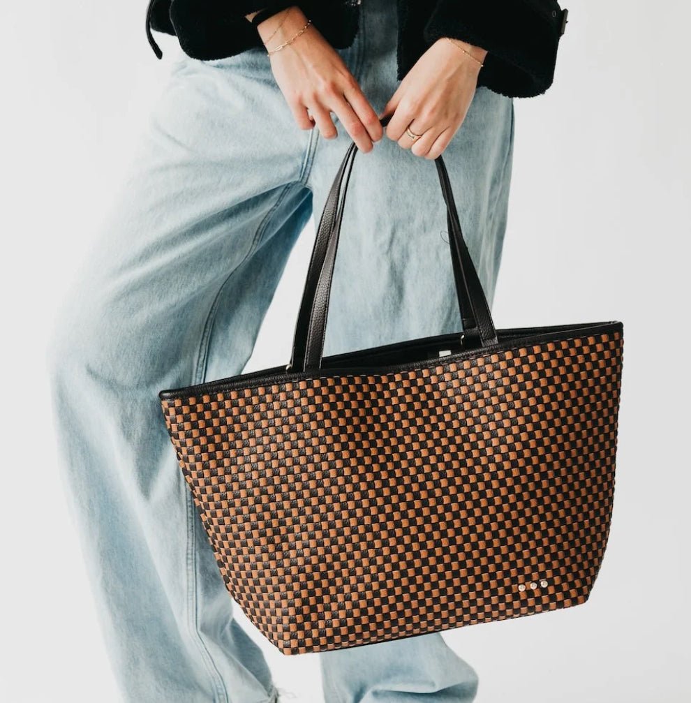 Pretty Simple Woven Tiffany Organizer Tote Checkered Coffee - Fleur-De-Lis Boutique