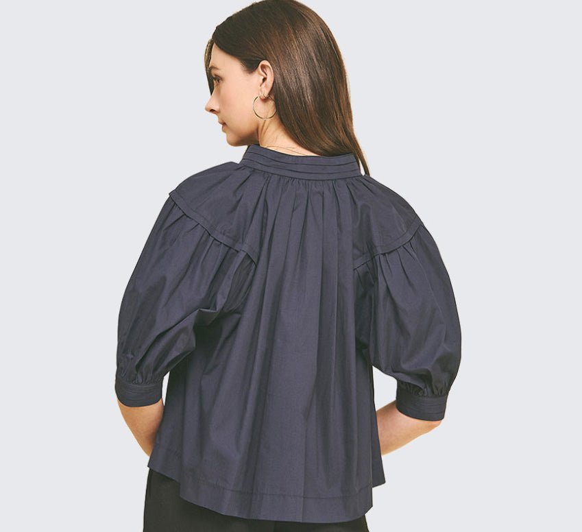 Pinch Bubble Sleeve V Neck Ink - Fleur - De - Lis Boutique