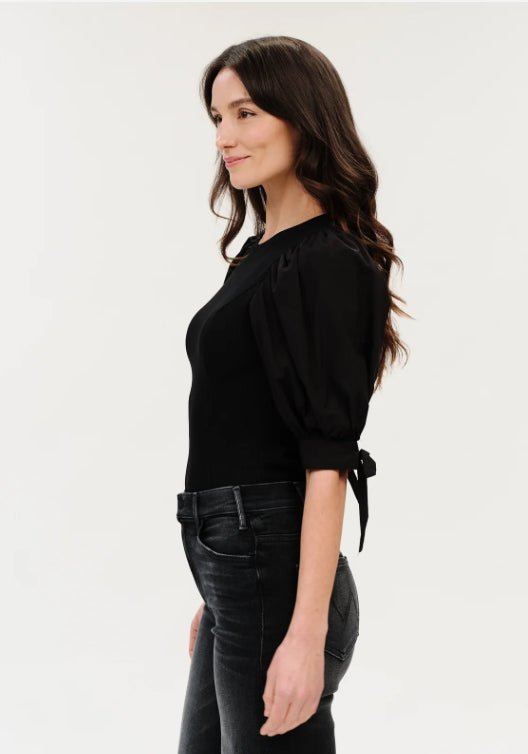 Eleanor Mixed Media Tie Poplon Sleeve Top Black - Fleur-De-Lis Boutique