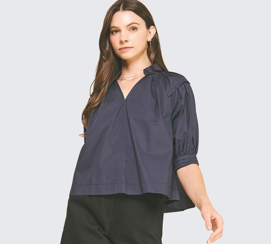 Pinch Bubble Sleeve V Neck Ink - Fleur - De - Lis Boutique