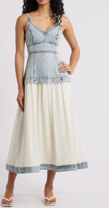 Mixed Media Washed Denim Sleeveless Midi - Fleur - De - Lis Boutique