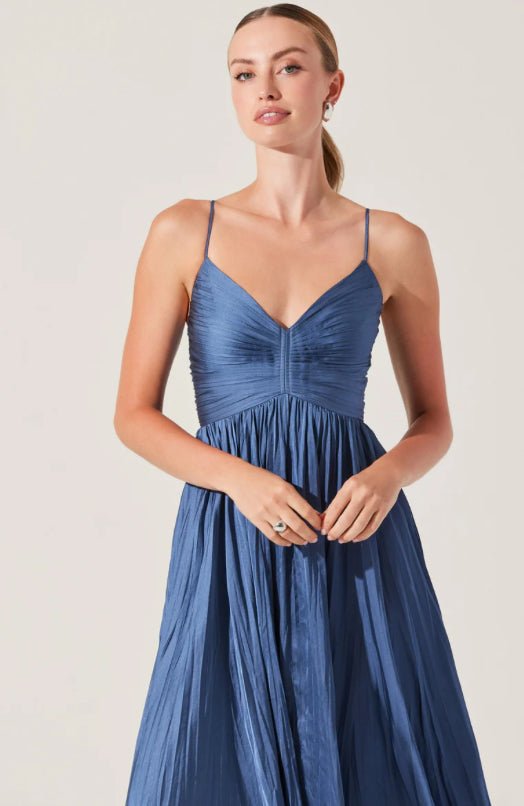 ASTR Maeve Pleated Dress Slate Blue - Fleur-De-Lis Boutique