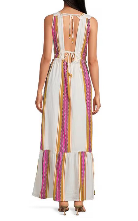 Elan Stripe Deep V Sleeveless Tie Back Ruffle Hem Dress - Fleur - De - Lis Boutique
