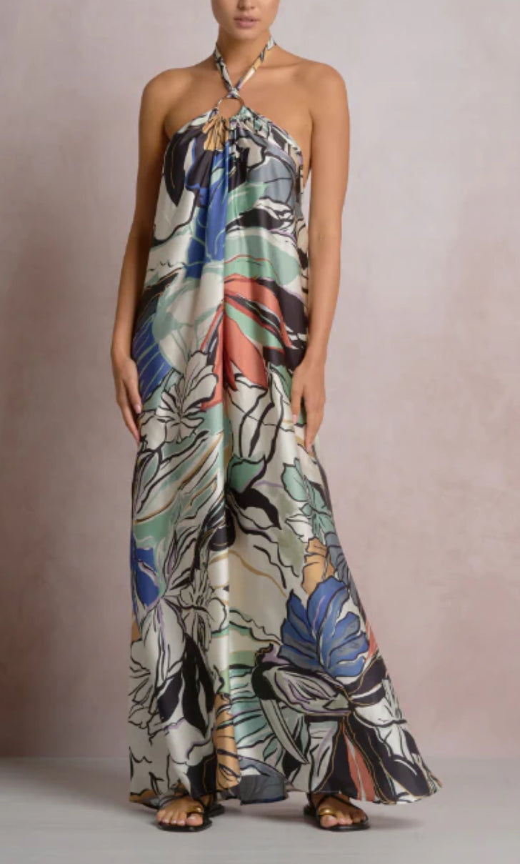 Botonical Print Maxi Halter Dress