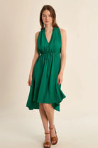 Molly Bracken Sleeveless V Neck green asymmetrical midi dress